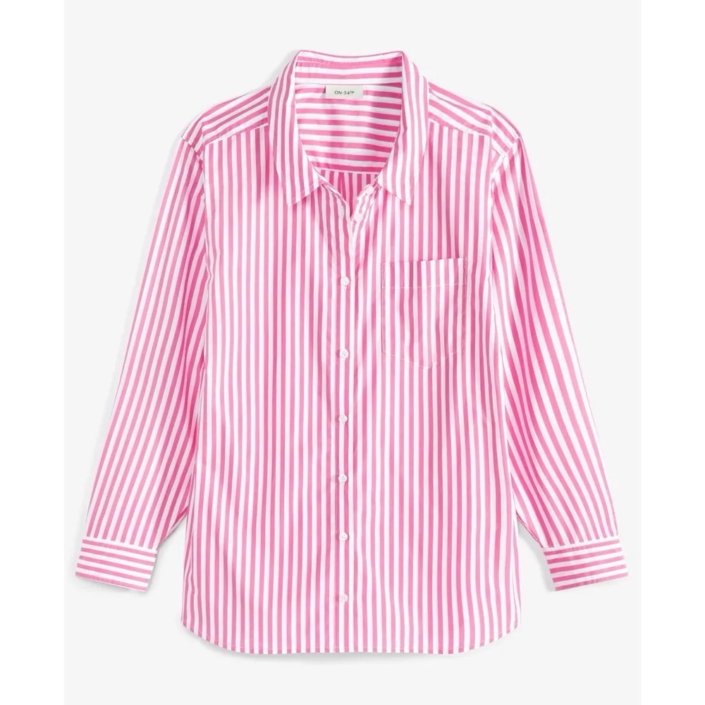 On 34th Pink White Striped Oversized Button Down Poplin Shirt Medium NWT